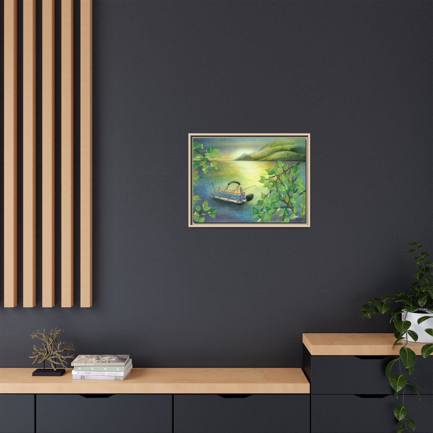 Pontoon Boat on Lake Framed Wall Art
