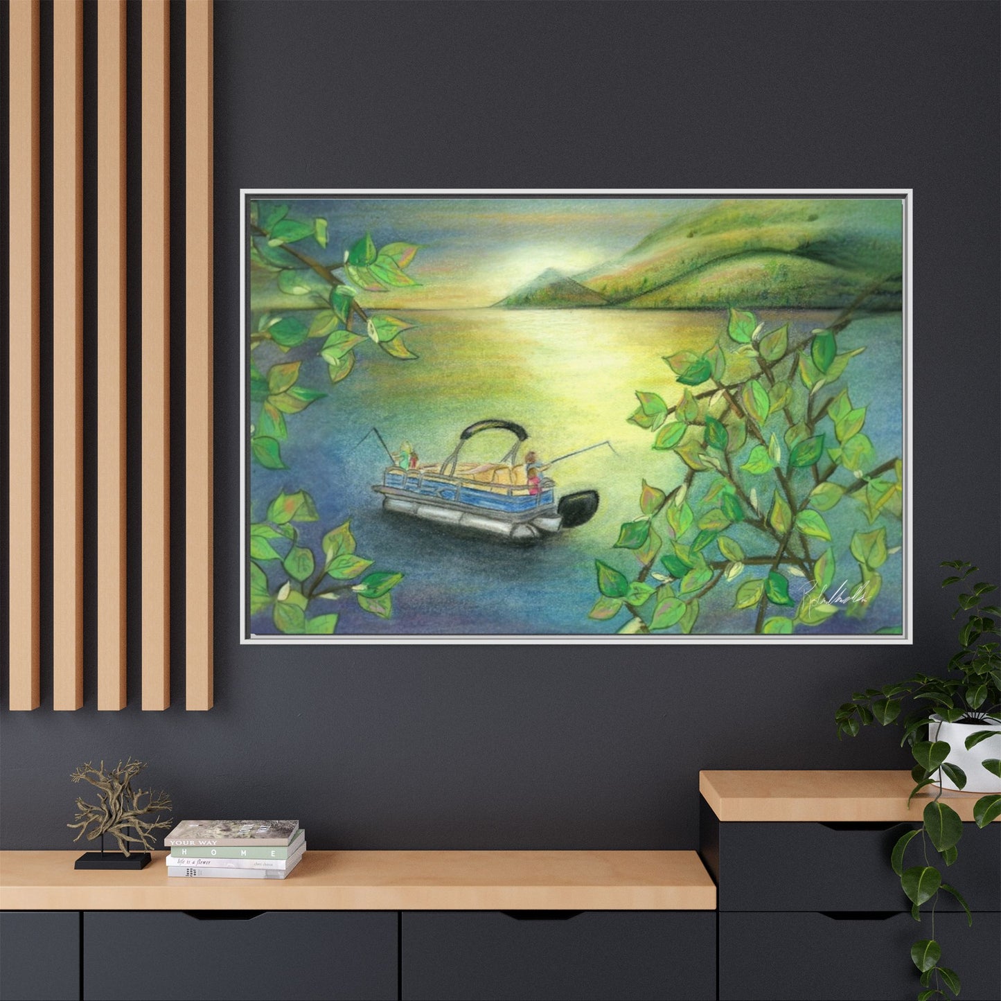 Pontoon Boat on Lake Framed Wall Art