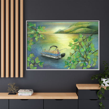 Pontoon Boat on Lake Framed Wall Art