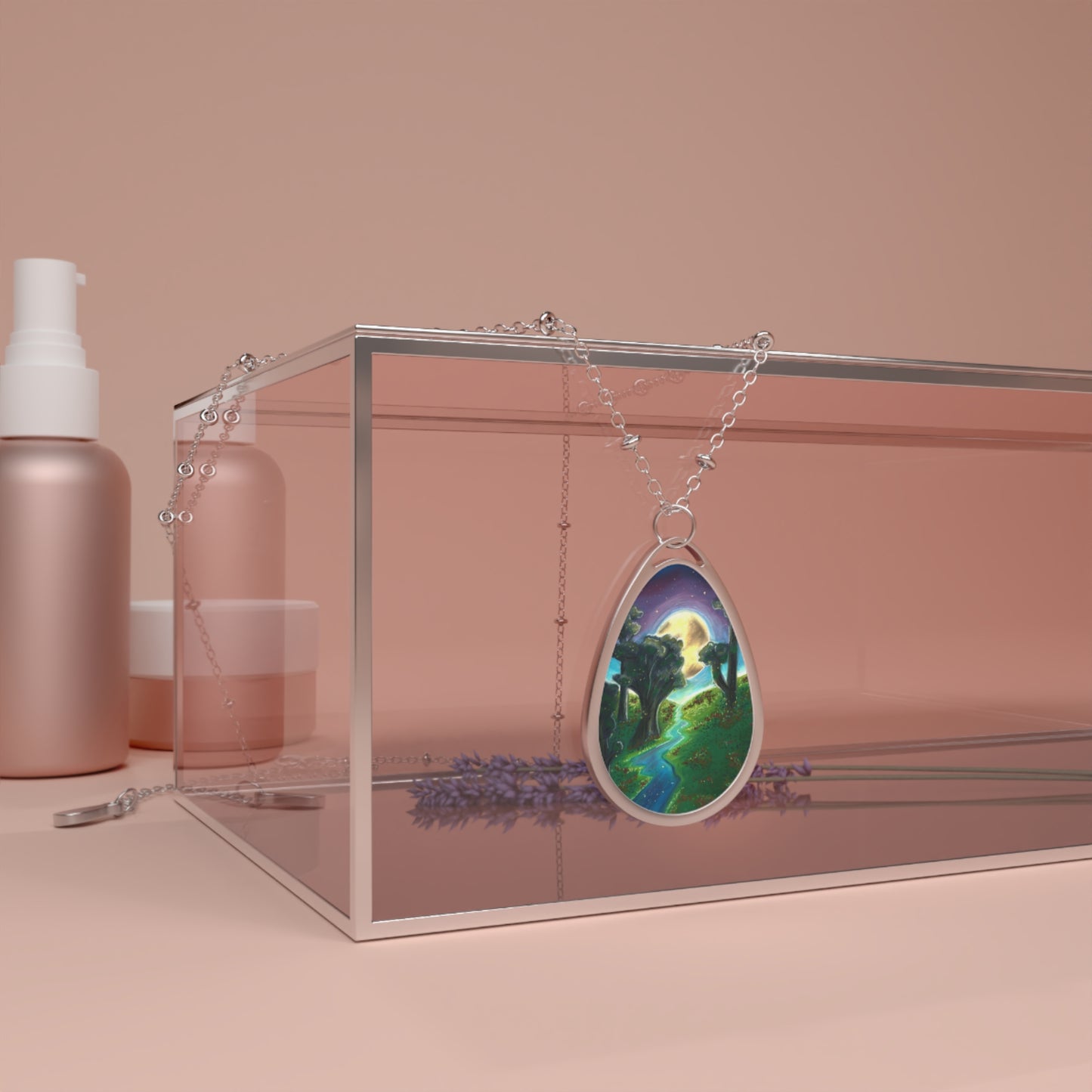 Silver Oval Pendant Necklace with Hand-painted Boho Forest Moon Nature Art