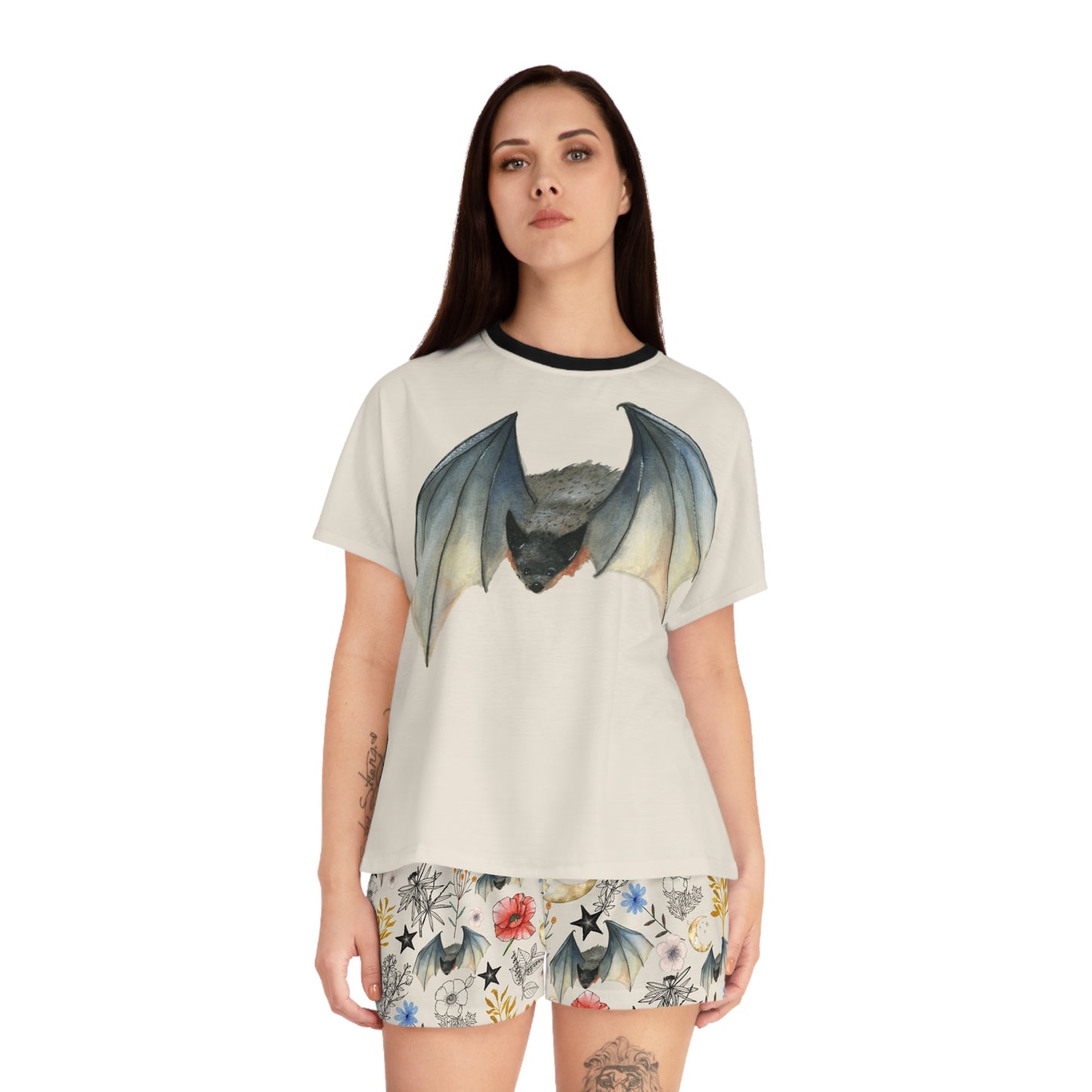 Bat Floral Women's Short Pajama Set — Cute Nightwear with Bat & Floral Print