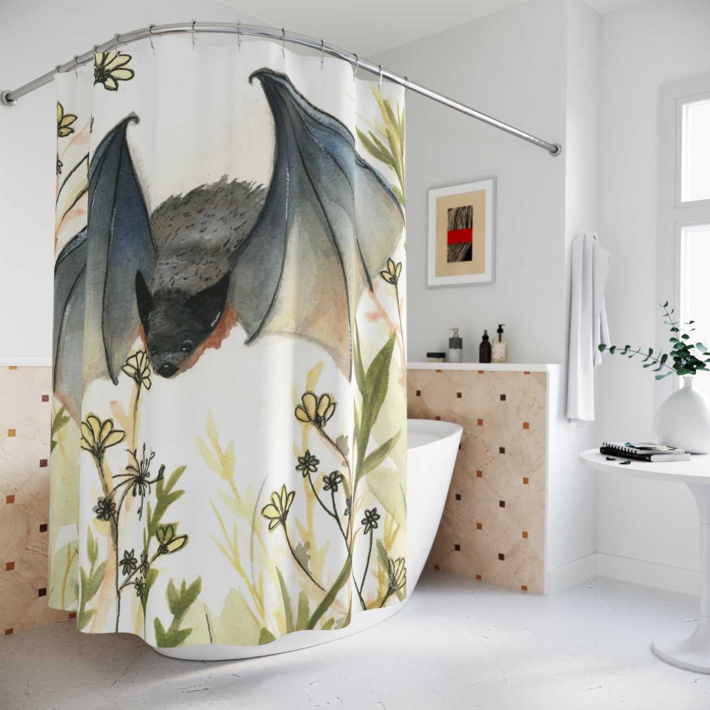 Bat Illustration Shower Curtain — Whimsical Watercolor Night Bat Bathroom Decor