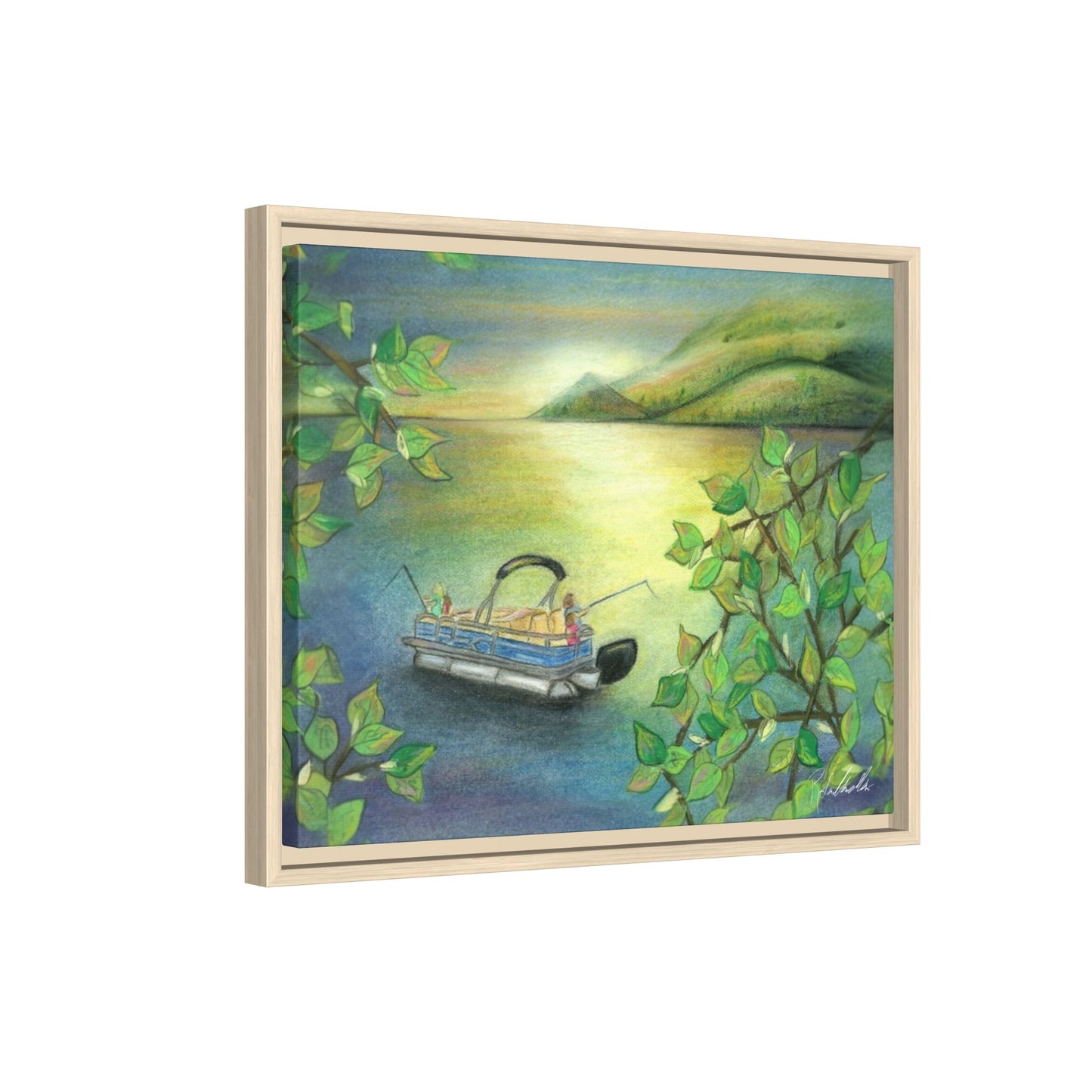 Pontoon Boat on Lake Framed Wall Art