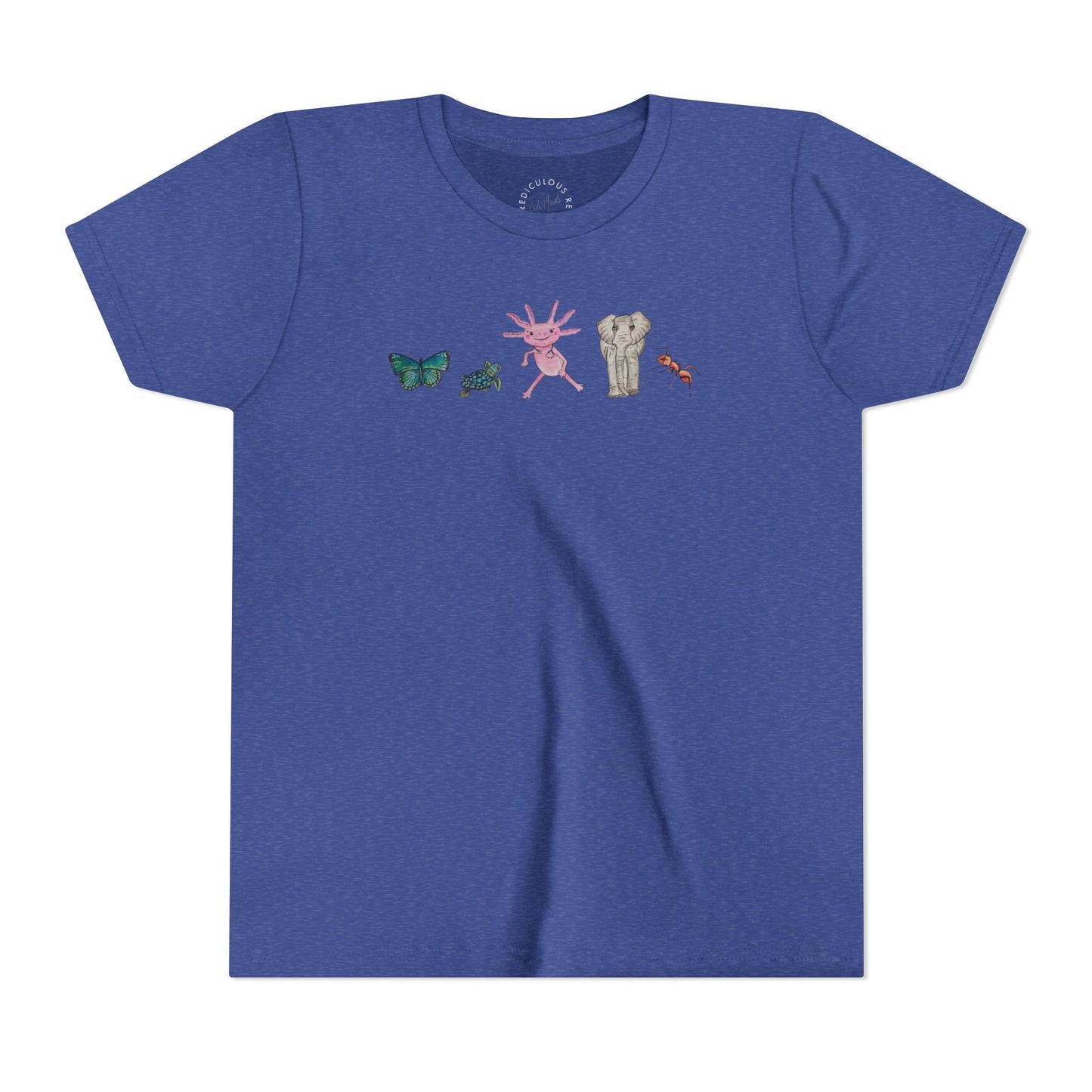 Youth Tee — Whimsical Critters (butterfly, ant, axolotl, elephant)