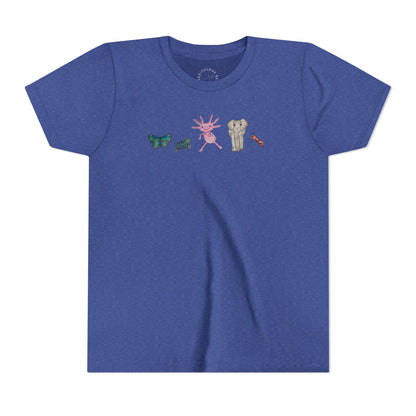 Youth Tee — Whimsical Critters (butterfly, ant, axolotl, elephant)