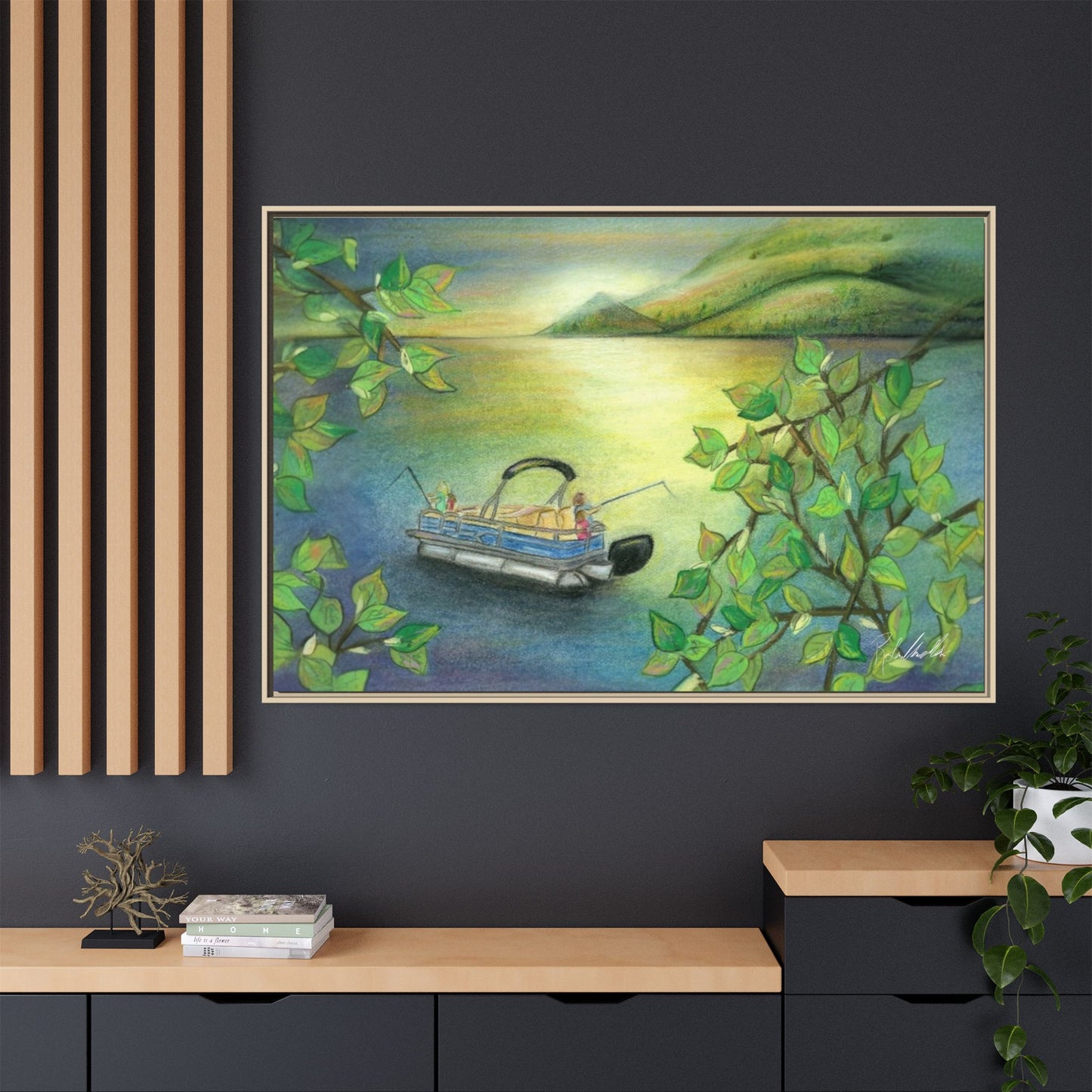 Pontoon Boat on Lake Framed Wall Art