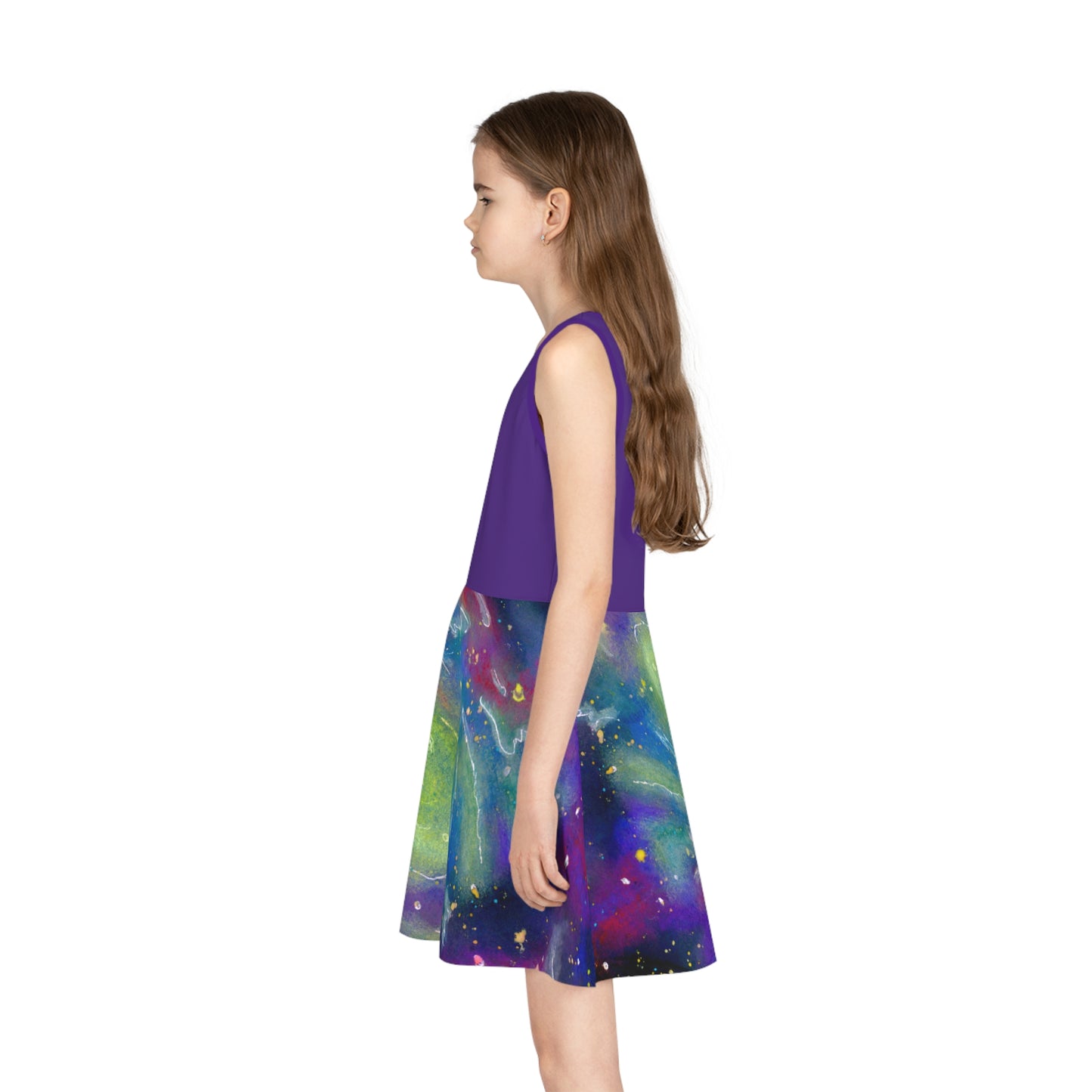 Purple Top Rainbow Vortex Galaxy Girls' Sleeveless Sundress (AOP)