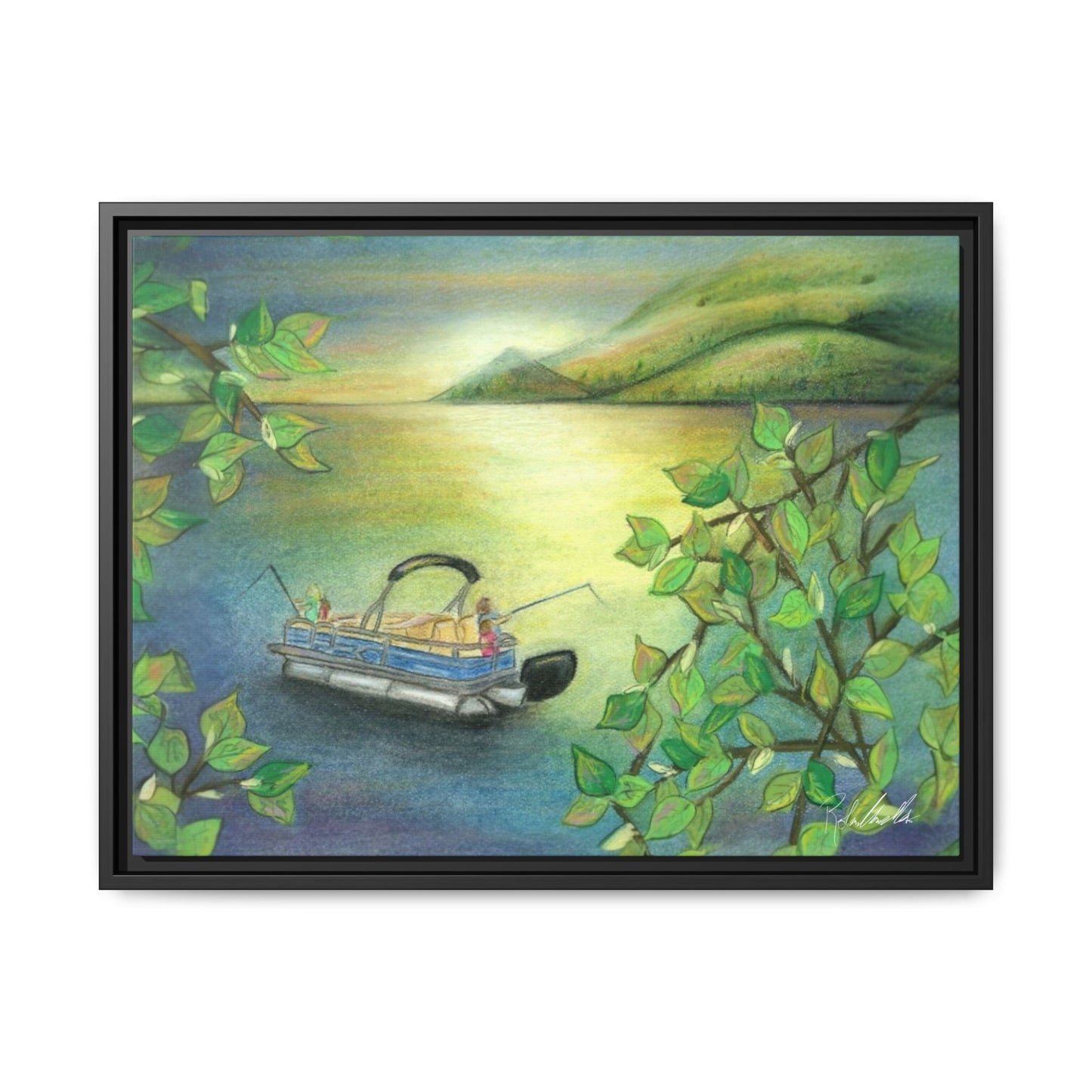 Pontoon Boat on Lake Framed Wall Art