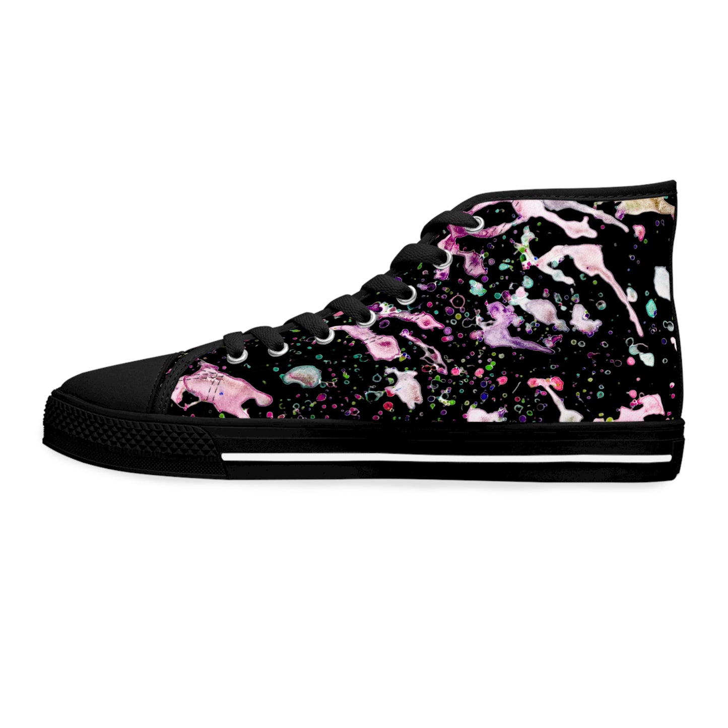 High-Top Sneakers — Pink & Black Paint Splatter Women's Canvas Shoes