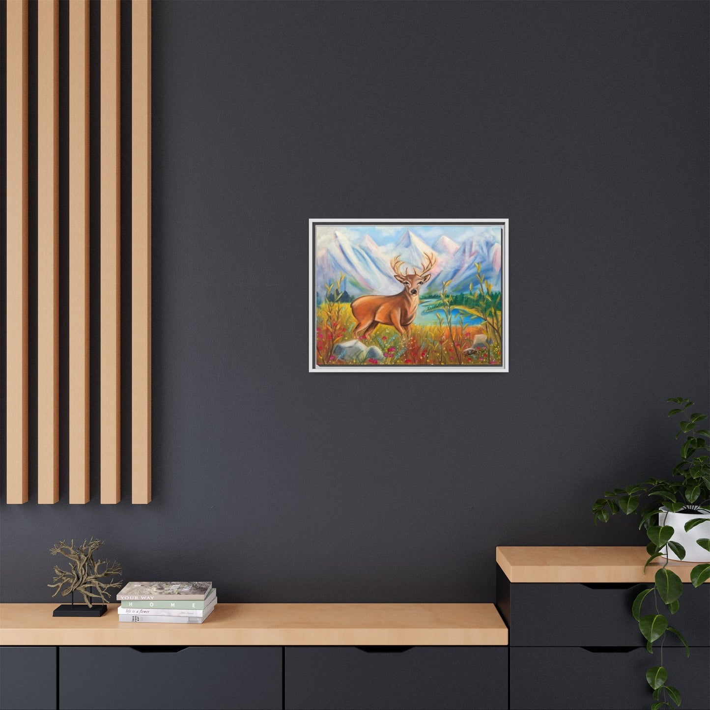 Framed Canvas Wall Art — Majestic Deer in Mountain Meadow