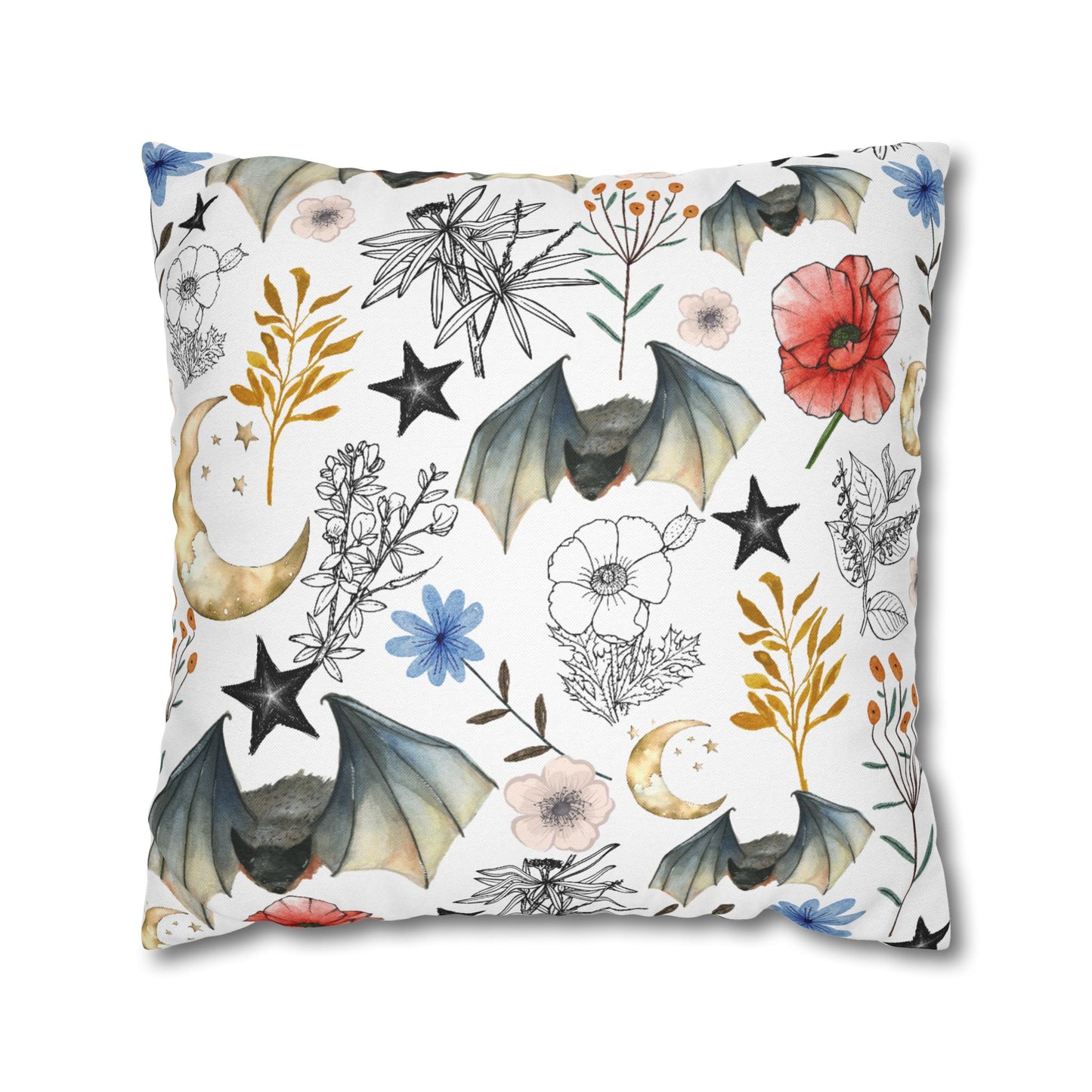 Botanical Night Bat Pillowcase — Floral Moon & Stars Throw Pillow Cover