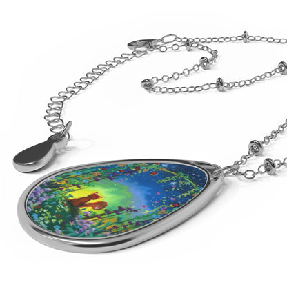 Silver Oval Pendant Necklace with Hand-painted Fox and Flowers Nature Art