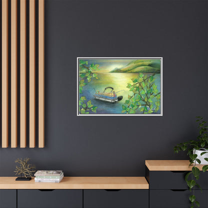 Pontoon Boat on Lake Framed Wall Art