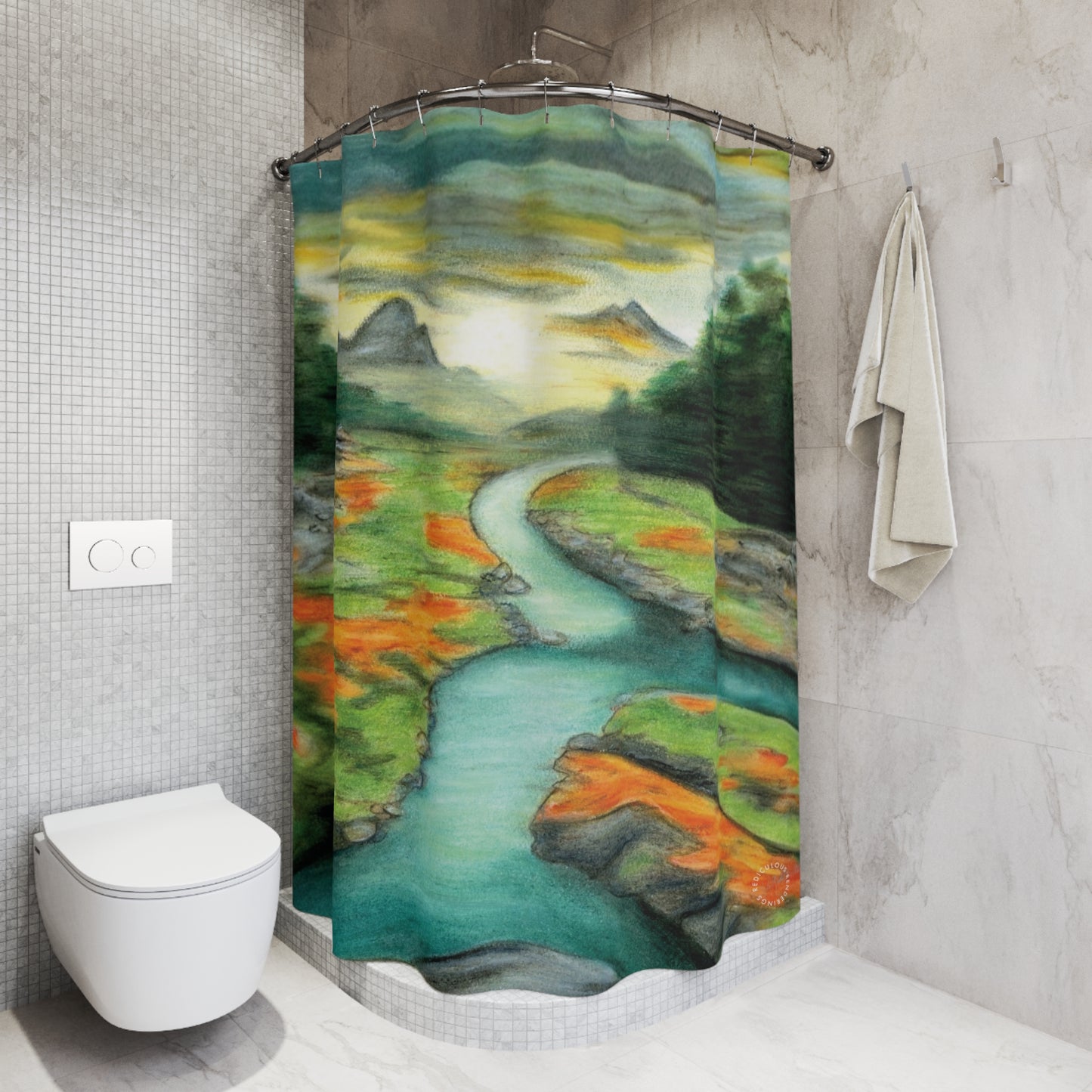 Landscape Shower Curtain — Serene River Valley Nature Scene