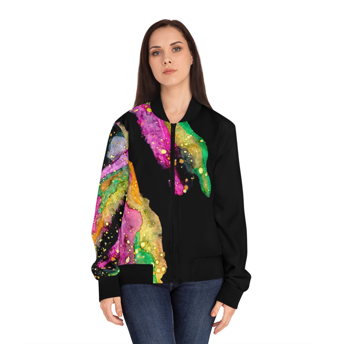 Abstract Watercolor Bomber Jacket — Vibrant Galaxy Paint Splatter AOP