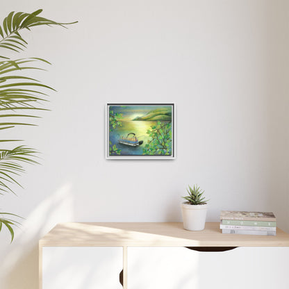 Pontoon Boat on Lake Framed Wall Art