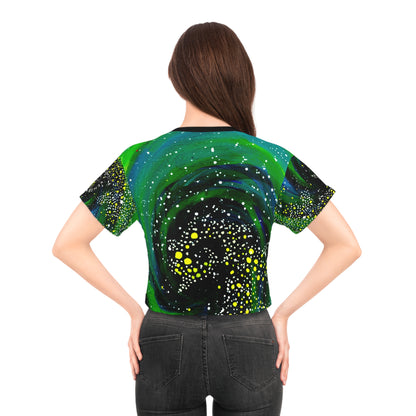 Galactic Swirl Crop Tee — Neon Green Space Galaxy Print