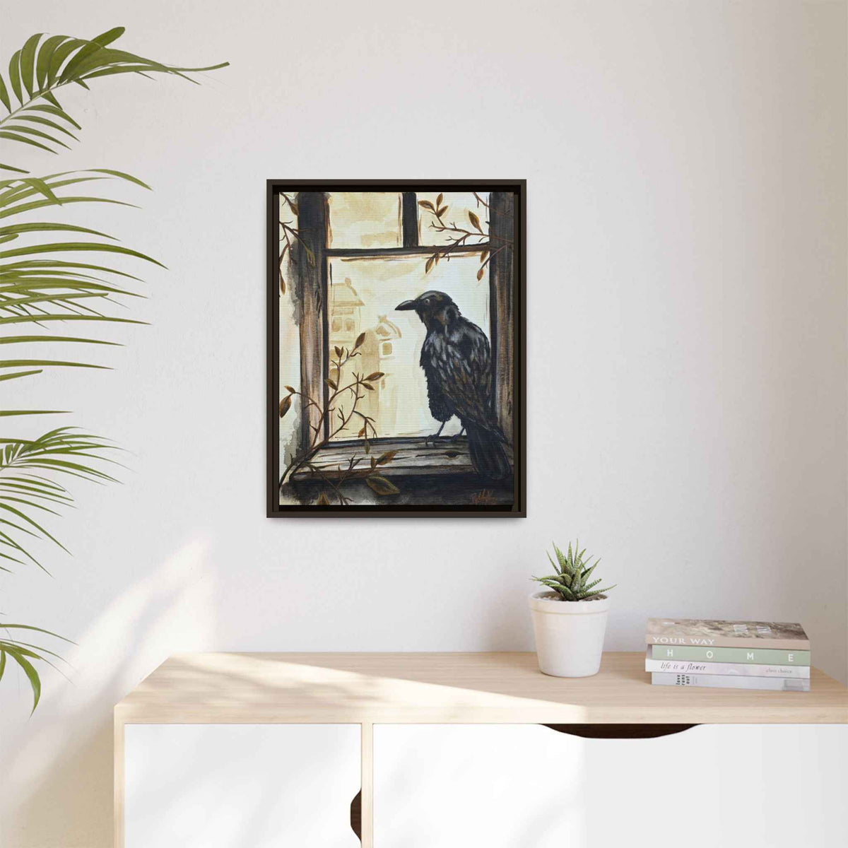 Framed Matte Canvas Print — Raven on Windowpane Wall Art