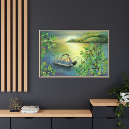 Pontoon Boat on Lake Framed Wall Art