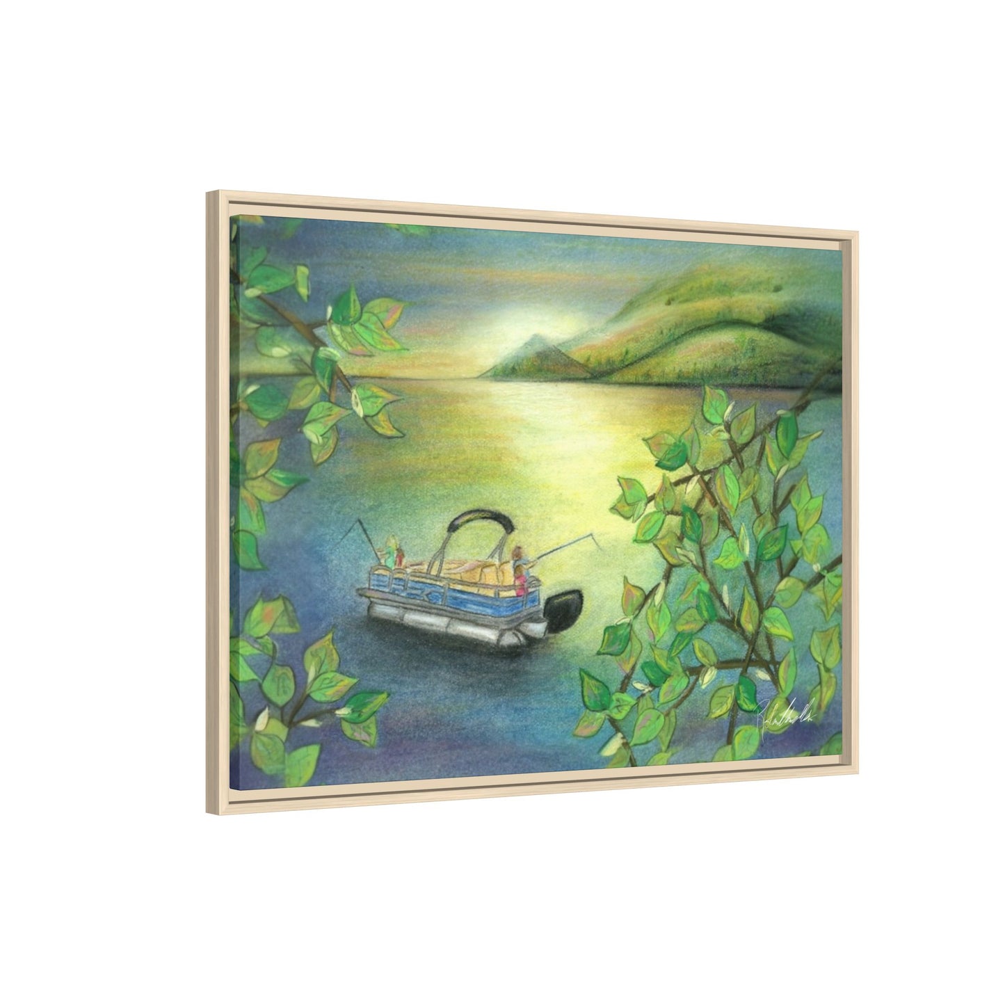 Pontoon Boat on Lake Framed Wall Art