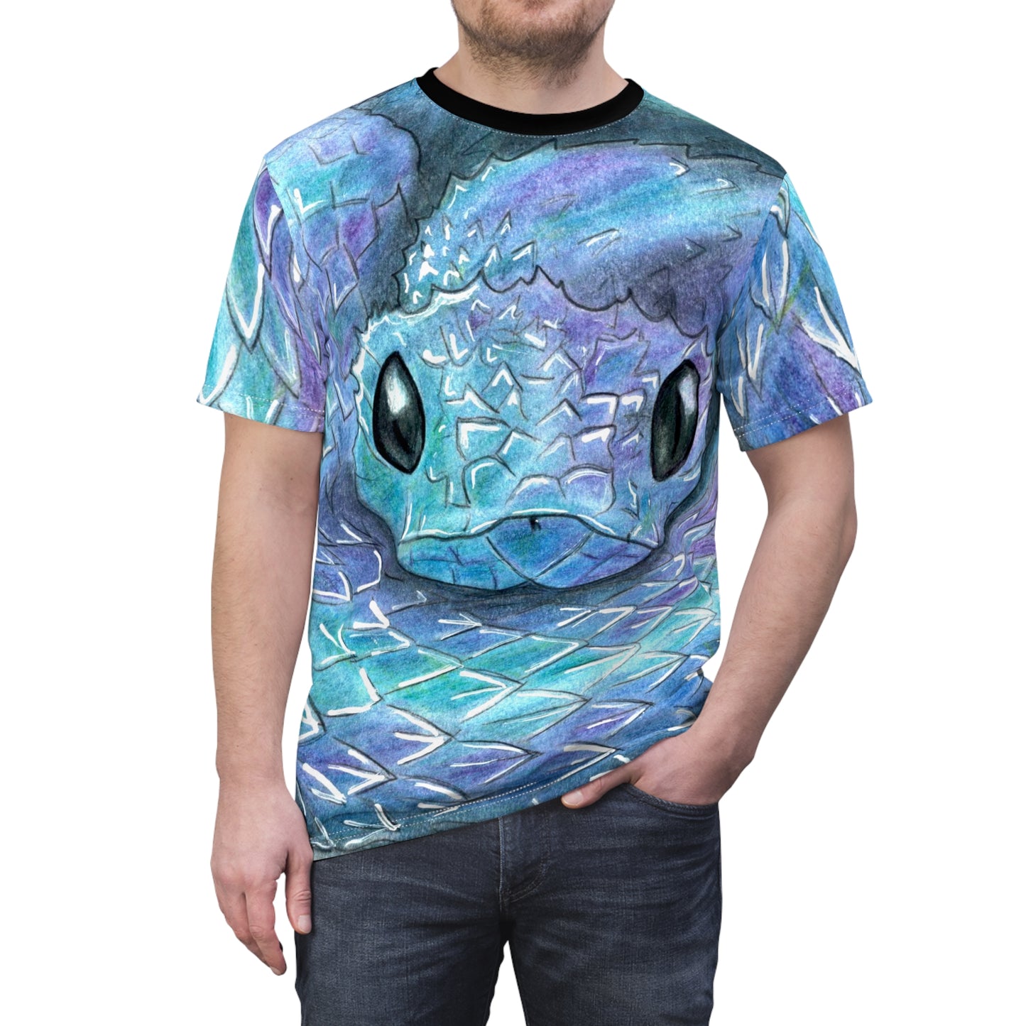 Blue Serpent All-Over Print Tee — Water Snake Face Design