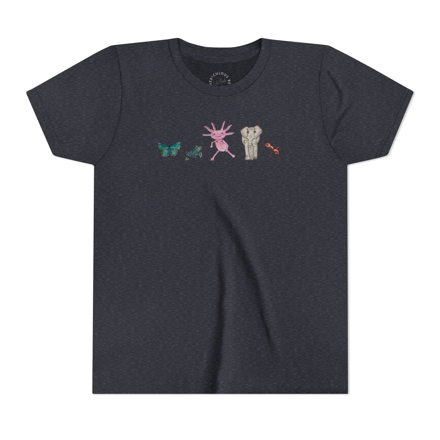 Youth Tee — Whimsical Critters (butterfly, ant, axolotl, elephant)