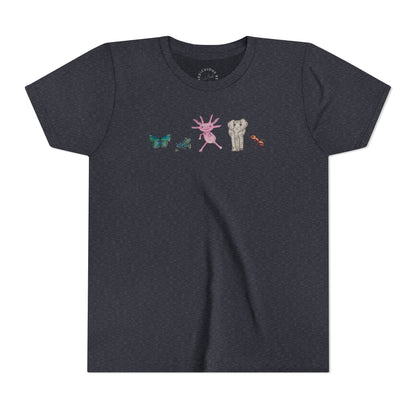 Youth Tee — Whimsical Critters (butterfly, ant, axolotl, elephant)
