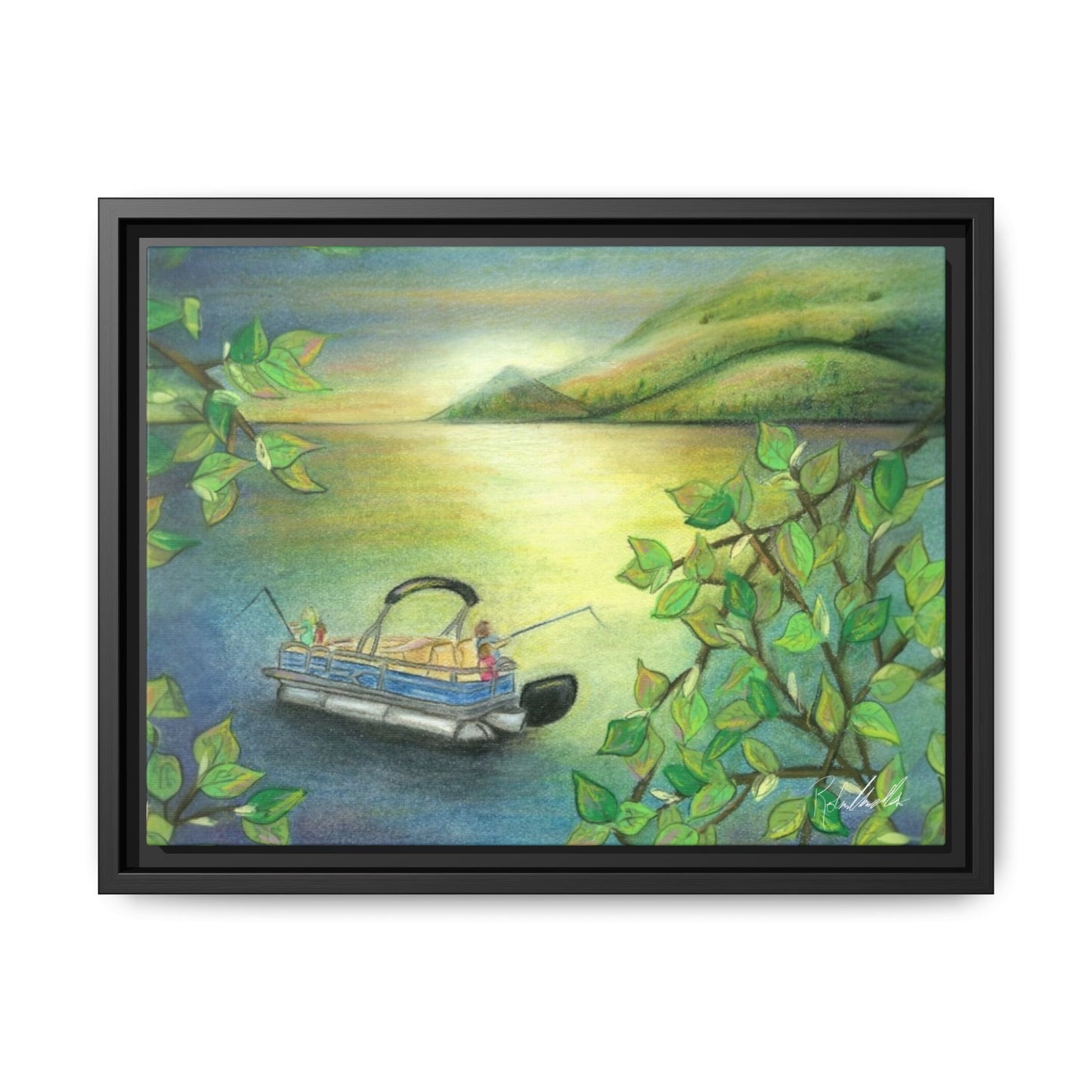 Pontoon Boat on Lake Framed Wall Art