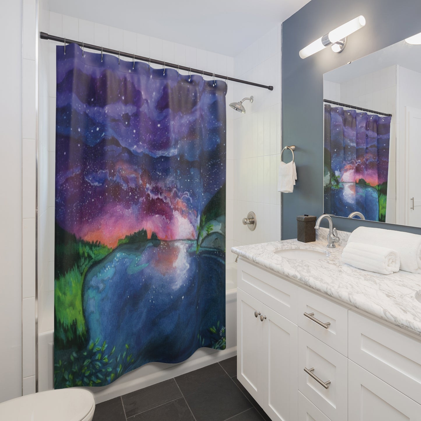 Galaxy Lake Shower Curtain — Aurora Night Sky Bathroom Decor