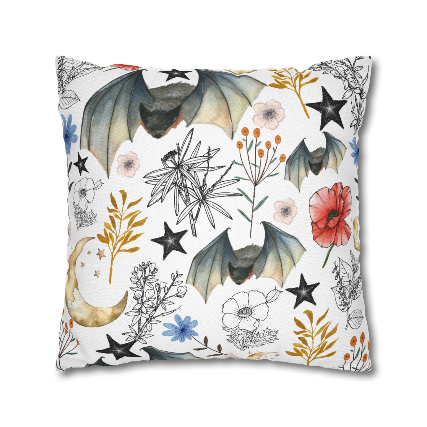Botanical Night Bat Pillowcase — Floral Moon & Stars Throw Pillow Cover