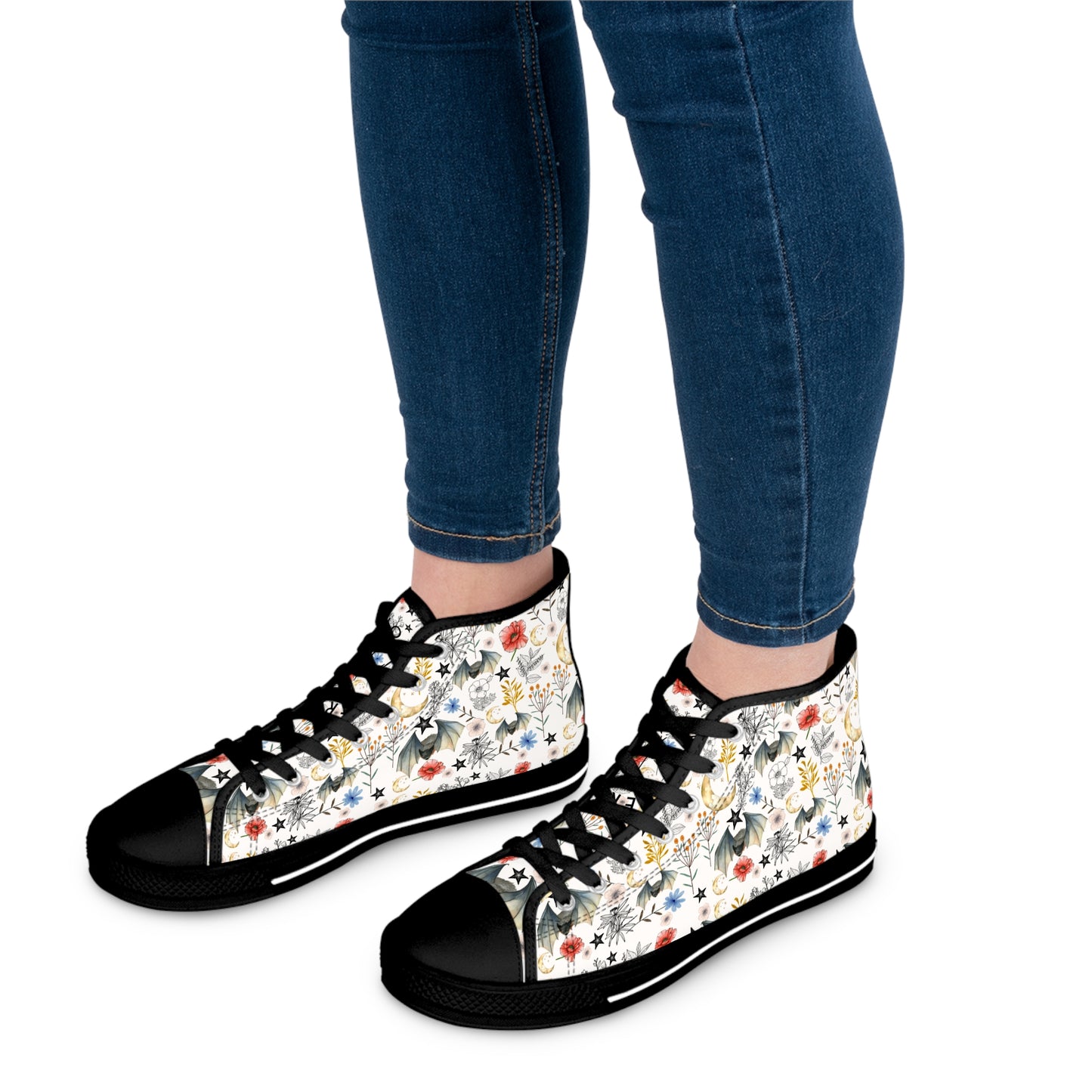Floral Botanical Bat High Top Sneakers — Women's Vintage Wildflower Animal Print