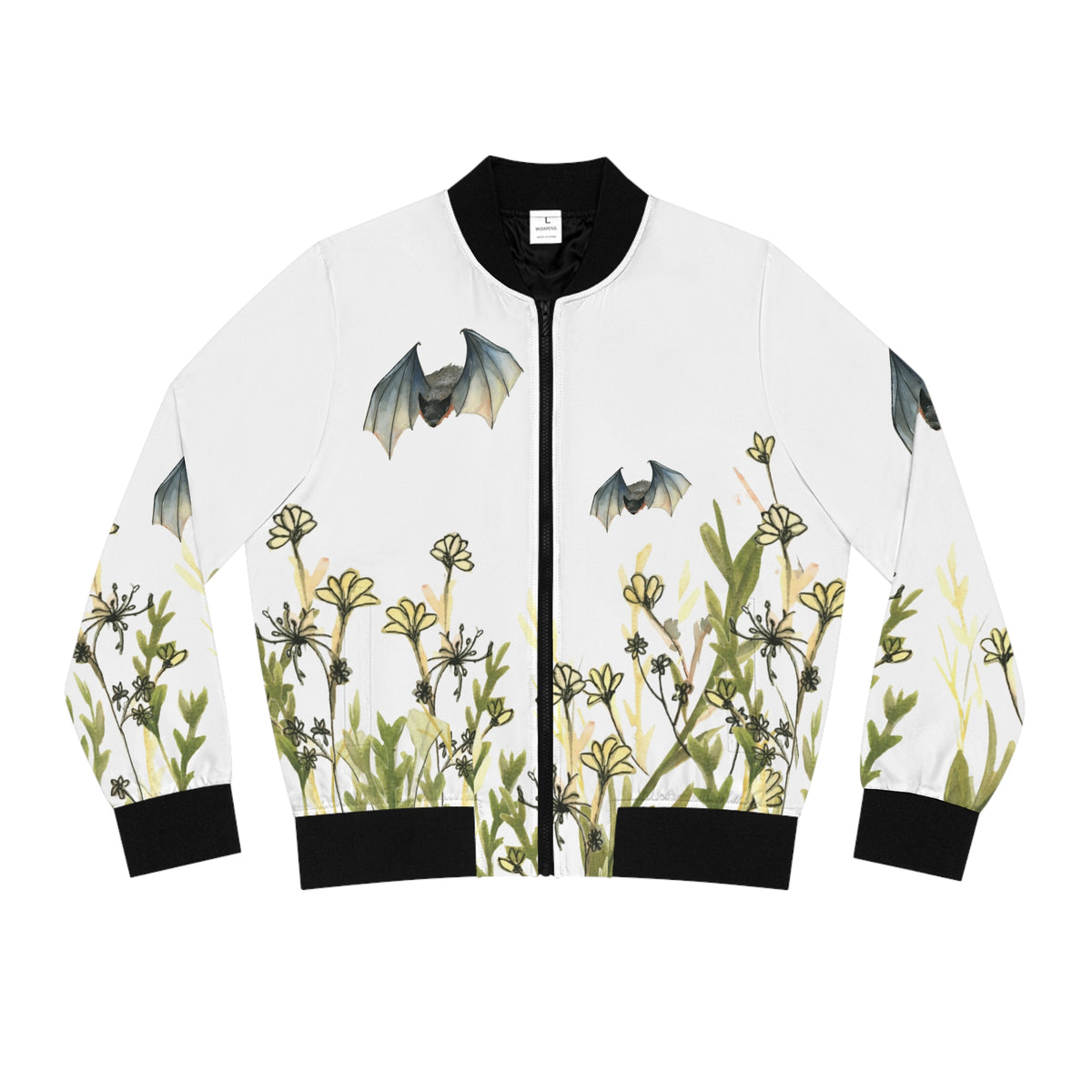 Floral Bat Bomber Jacket — Women's Graphic Bomber with Meadow & Flying Bats
