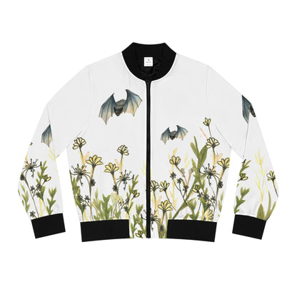 Floral Bat Bomber Jacket — Women's Graphic Bomber with Meadow & Flying Bats