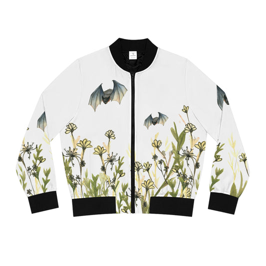 Floral Bat Bomber Jacket — Women's Graphic Bomber with Meadow & Flying Bats