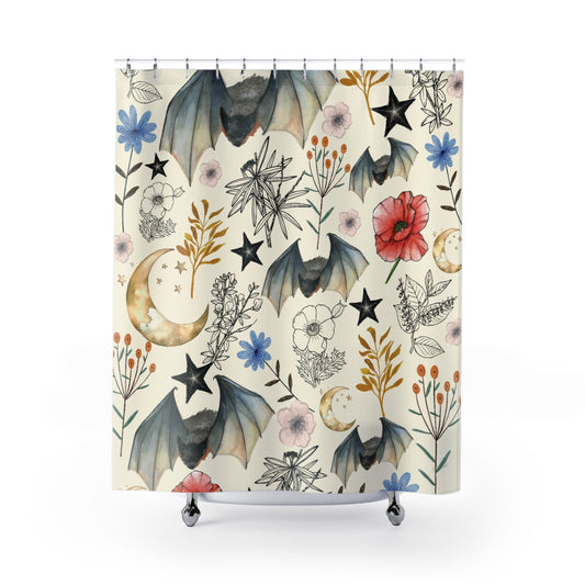 Bat & Moon Botanical Shower Curtain — Watercolor Floral Halloween Bathroom Decor