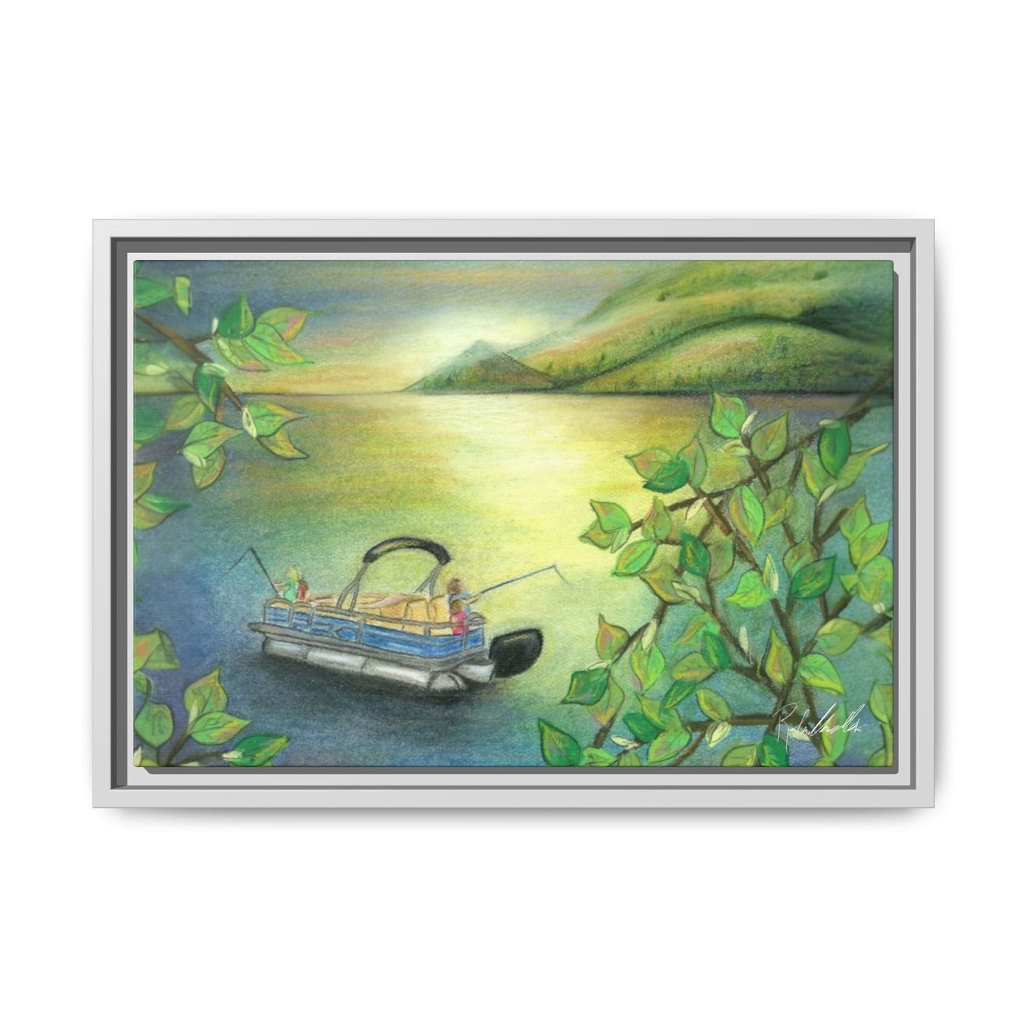 Pontoon Boat on Lake Framed Wall Art