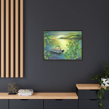 Pontoon Boat on Lake Framed Wall Art