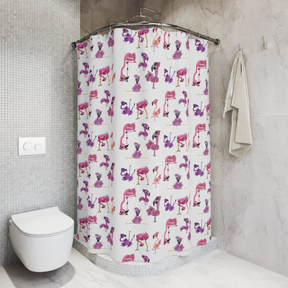 Flamingo Pattern Shower Curtain — Whimsical Pink & Purple Tropical Bath Decor