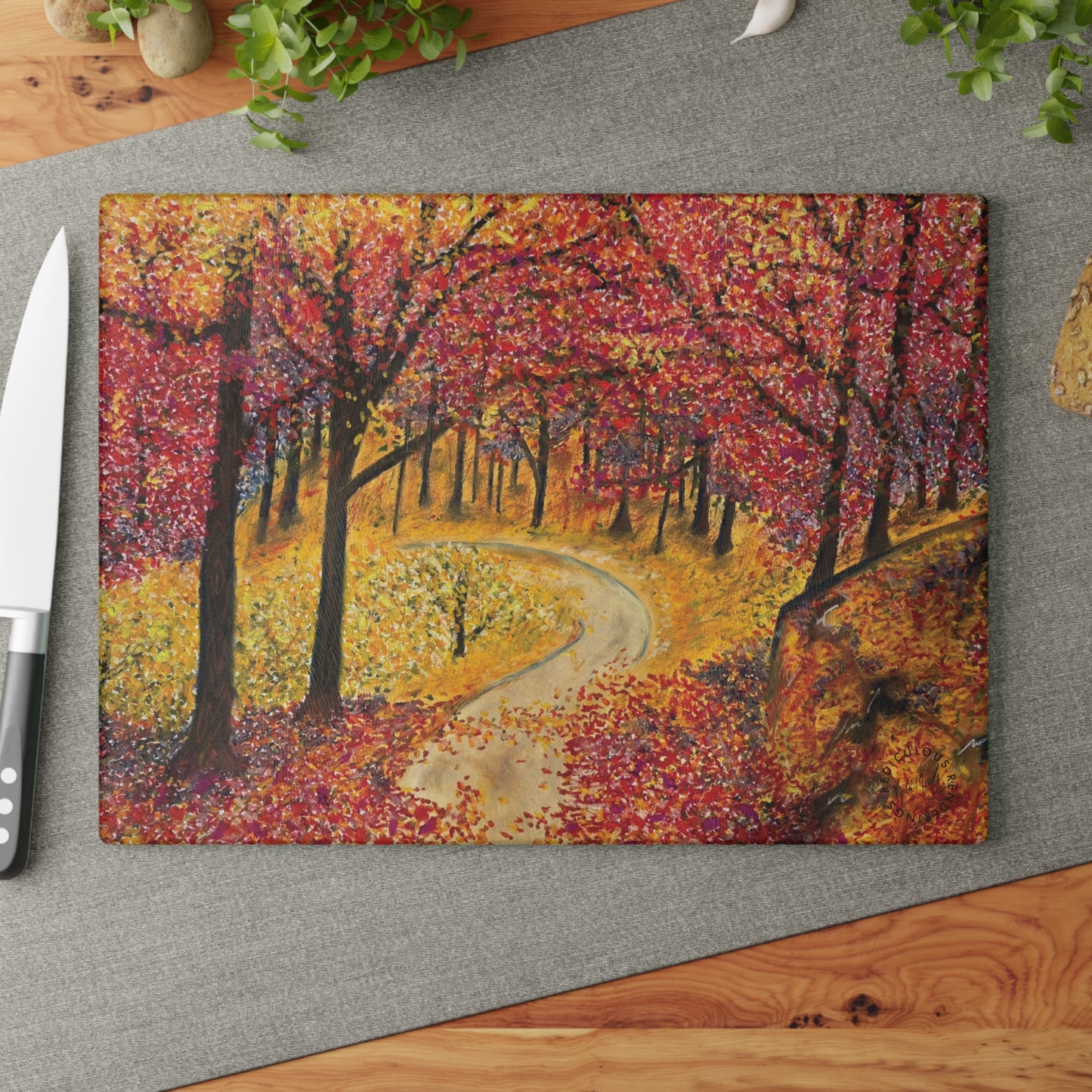 Autumn Forest Glass Cutting Board – Scenic Fall Trees Kitchen Decor