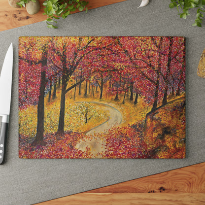 Autumn Forest Glass Cutting Board – Scenic Fall Trees Kitchen Decor
