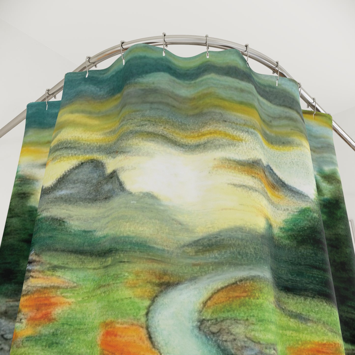 Landscape Shower Curtain — Serene River Valley Nature Scene