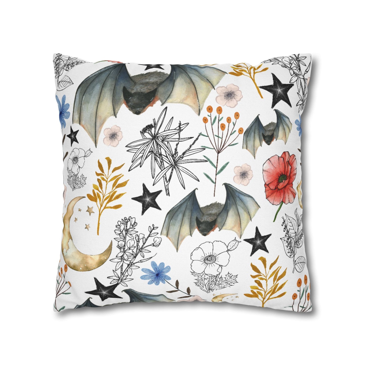 Botanical Night Bat Pillowcase — Floral Moon & Stars Throw Pillow Cover