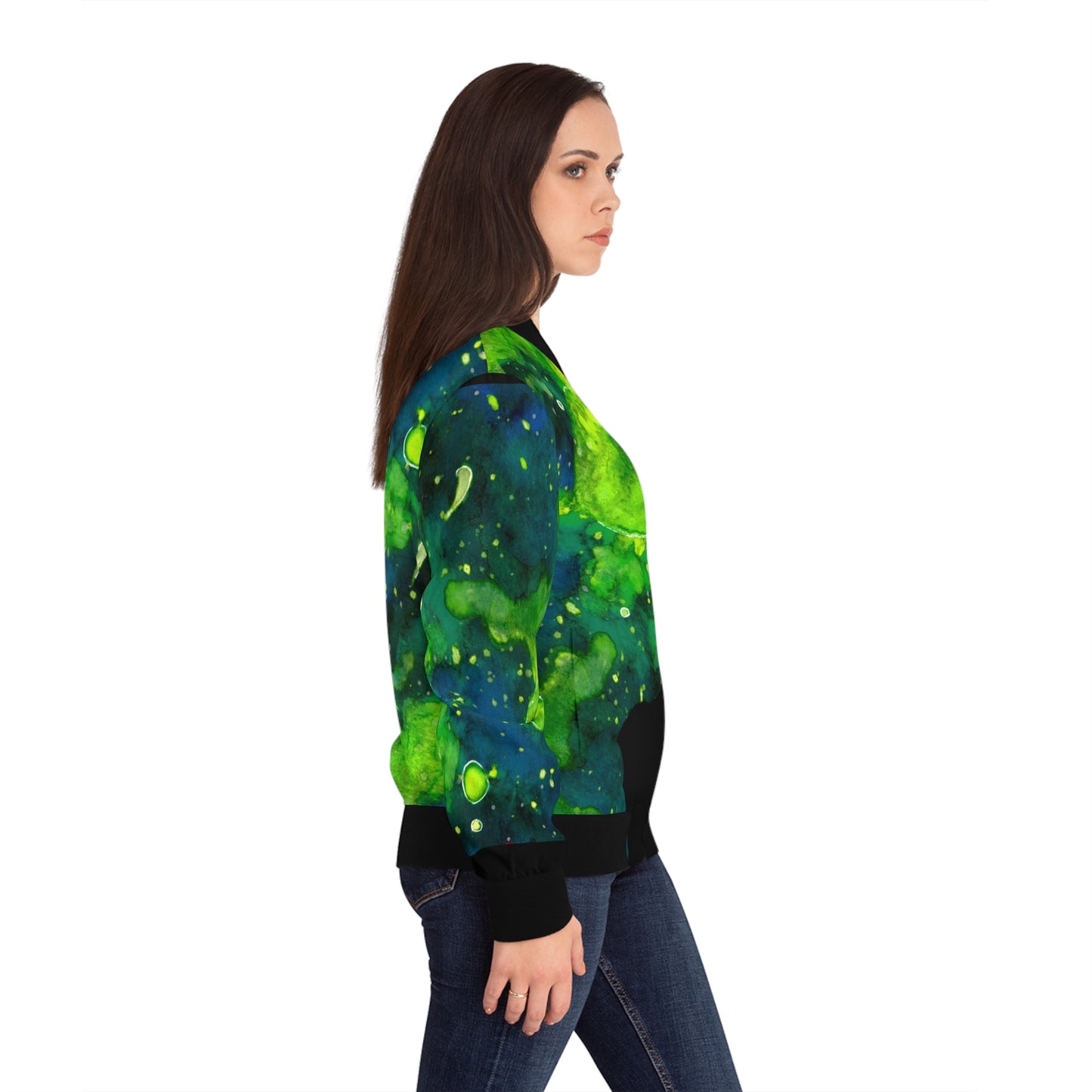 Green Galaxy Women's Bomber Jacket (AOP)