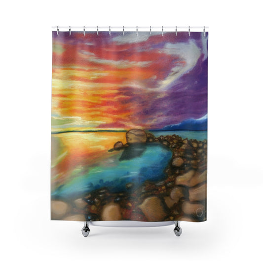 Sunset Shore Shower Curtain — Colorful Beach Landscape Bathroom Decor