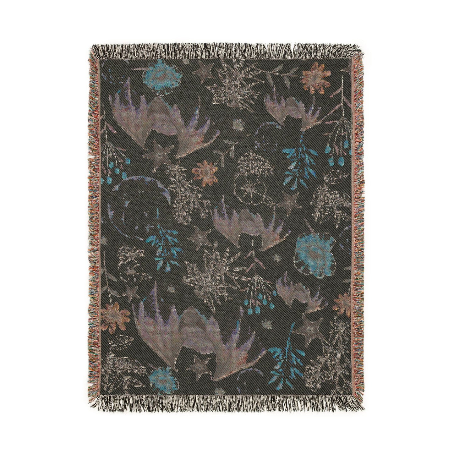 Celestial Bat Woven Blanket — Moon & Star Throw with Botanical Accents