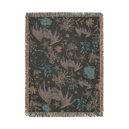Celestial Bat Woven Blanket — Moon & Star Throw with Botanical Accents