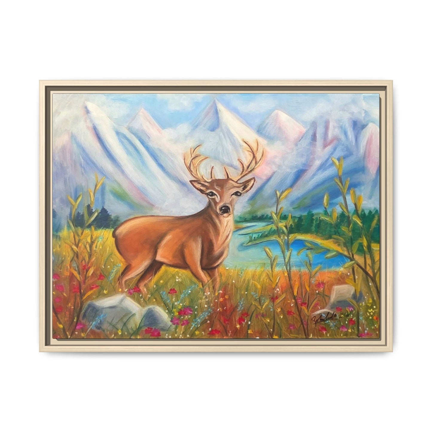 Framed Canvas Wall Art — Majestic Deer in Mountain Meadow