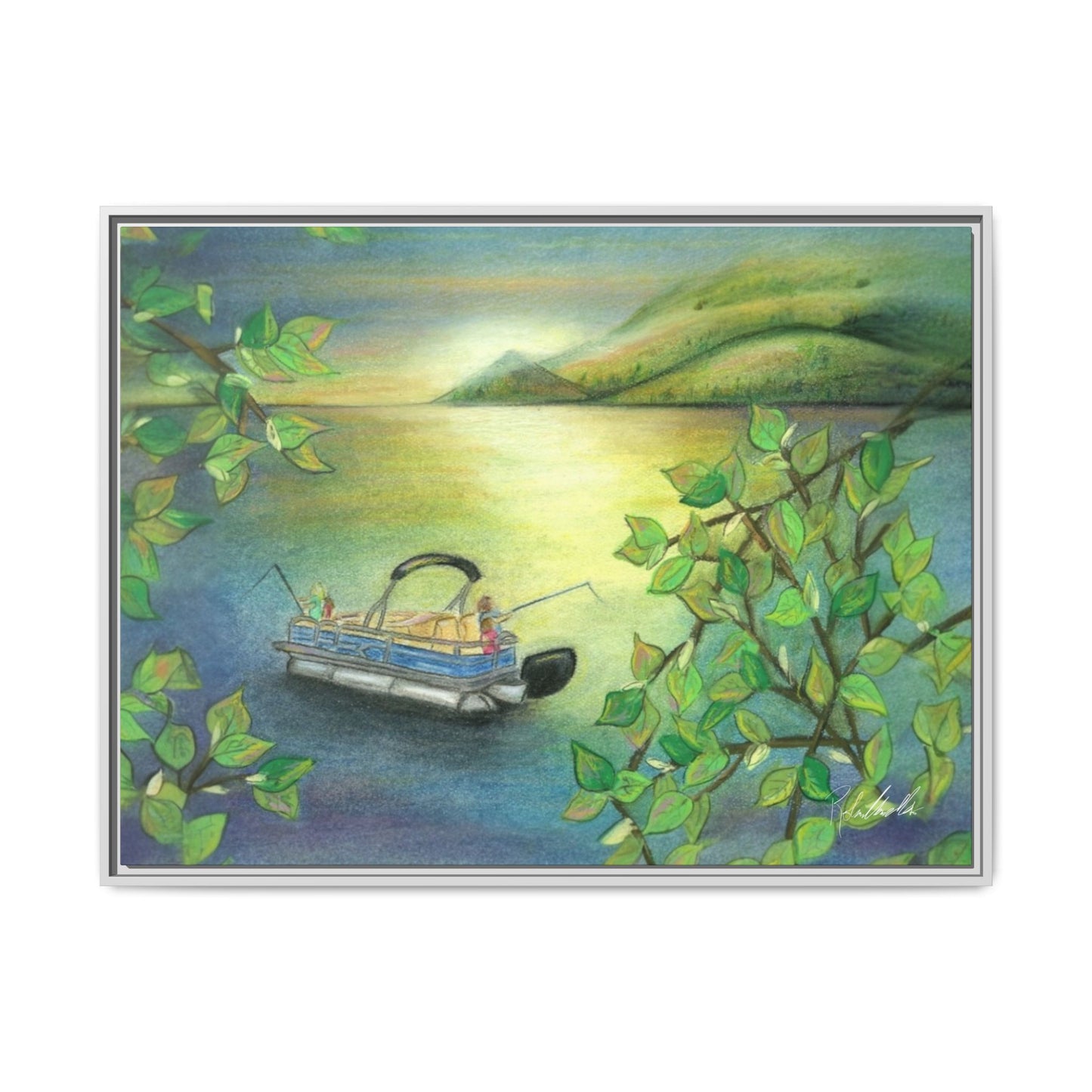 Pontoon Boat on Lake Framed Wall Art
