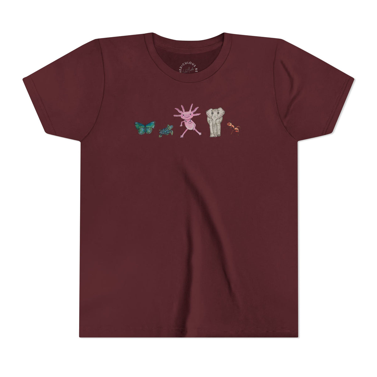 Youth Tee — Whimsical Critters (butterfly, ant, axolotl, elephant)