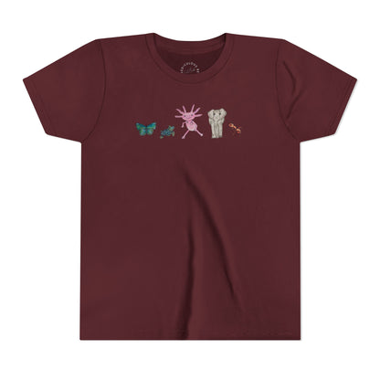 Youth Tee — Whimsical Critters (butterfly, ant, axolotl, elephant)